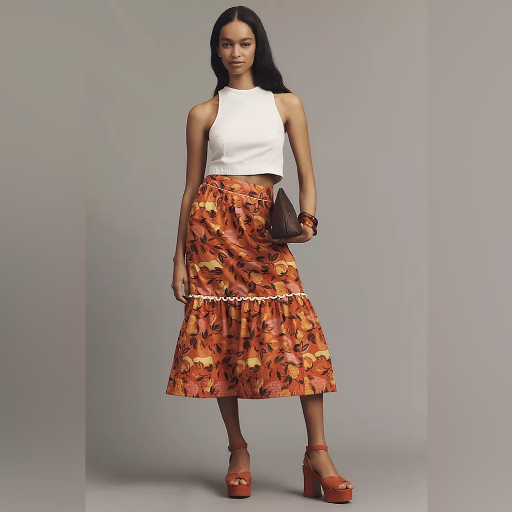 New Farm Rio Anthropologie Tiered Flare-Hem Printed Boho Midi Skirt sz XXS